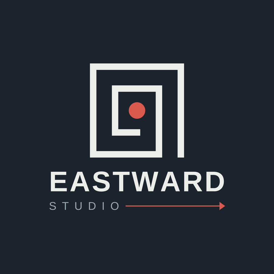 The original EastWard Studio logo: a squared spiral with a red dot at its centre, the word EASTWARD, and STUDIO followed by a red arrow